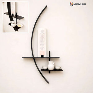 Curved metal wall shelf with wooden platform for artistic home decor in Bangladesh
