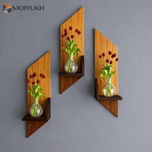 Decorative wooden wall panel shelves with small vase holders for stylish interior decor in Bangladesh