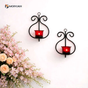 Double wall candle holder with red glass cups and black metal frame for home decoration in Bangladesh