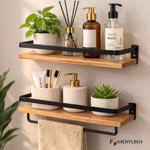 Double wall mounted wooden shelf with metal frame for bathroom and kitchen storage in Bangladesh