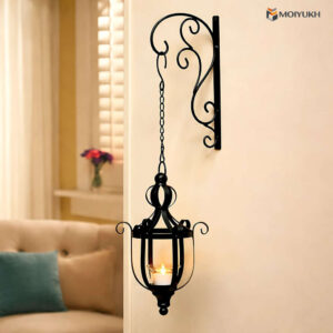 Hanging metal lantern candle holder with wall bracket for elegant home decor in Bangladesh
