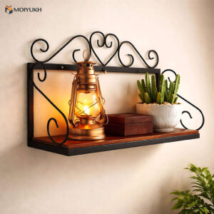 Lantern style wall mounted planter shelf with metal frame and wooden base for indoor decor Bangladesh