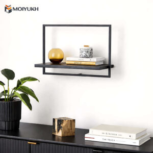 Modern floating wall shelf with black metal frame and wooden base for home decoration in Bangladesh