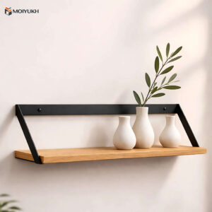 Minimal wooden wall shelf with black metal bracket for modern home decor in Bangladesh