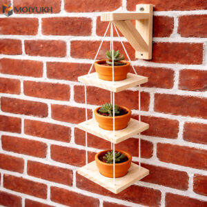 Triangle wall planter shelf with wooden tiers for vertical plant display in Bangladesh homes