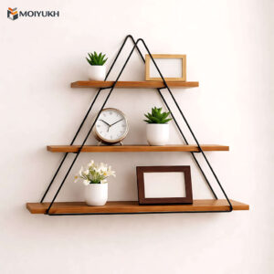 Triangle geometric wall shelf with wooden tiers and metal frame for modern home decor in Bangladesh
