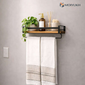 Wall shelf with towel bar and wooden rack for bathroom storage and decor in Bangladesh