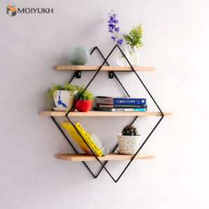 Geometric shape wall shelf with wooden tiers and metal frame for modern home decor in Bangladesh