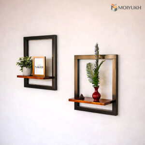 Square frame wall shelf set with wooden base and black metal for modern home styling in Bangladesh