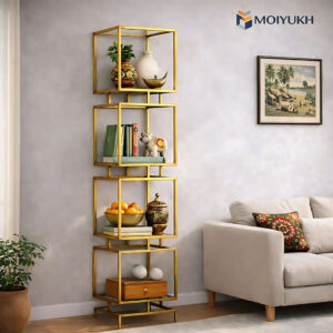 Golden metal display rack shelf with multiple tiers for luxury home decor in Bangladesh