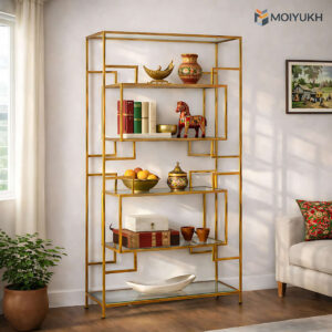 Large gold metal storage shelf with multiple tiers for modern home organization in Bangladesh