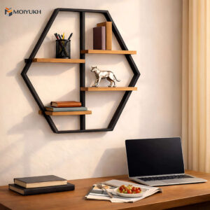 Hexagon shaped wall shelf with wooden base and black metal frame for modern home decor in Bangladesh