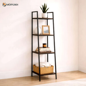 Vertical display bookshelf with wooden shelves and metal frame for home organization in Bangladesh