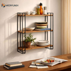 modern wall shelf design with metal frame and wooden shelves for home decor Bangladesh