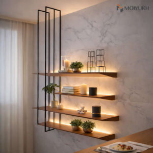 Modern wall shelf with built-in lighting and wooden layers for stylish interior decor in Bangladesh