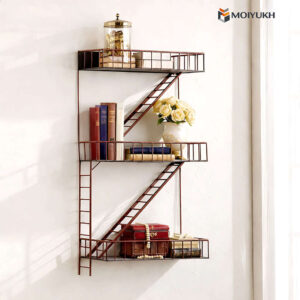 Modern zigzag wall shelf design with wooden boards and metal frame for home decor in Bangladesh