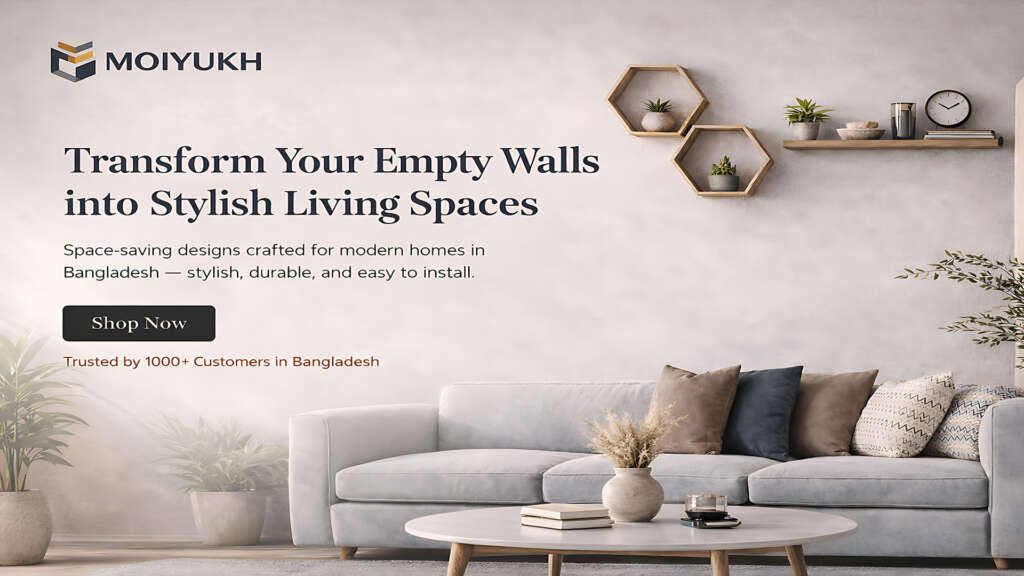Modern wall shelves and home decor setup by Moiyukh for stylish living rooms in Bangladesh