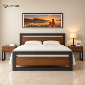 modern wooden bed with black frame